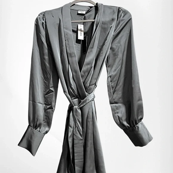 NWT Babaton Hyde Satin Wrap Mini Dress – Slate Gray – Size Small - Picture 3 of 8